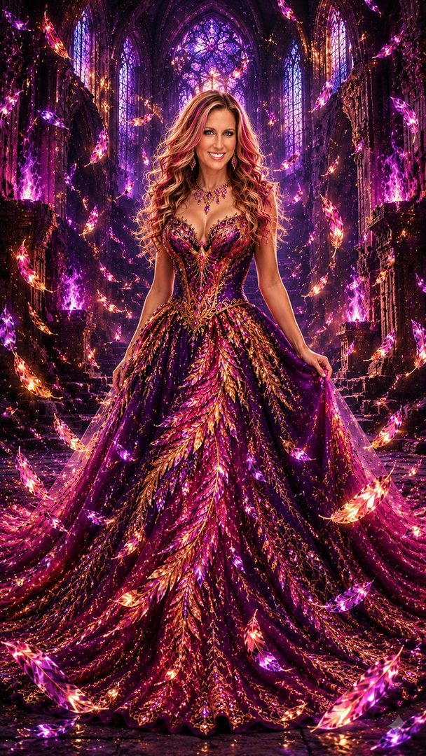 A woman in a sparkling purple and gold gown stands in a grand, ornate hall with stained glass windows and floating, glowing feathers.