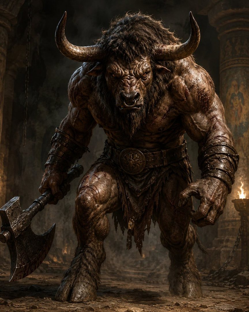 A photorealistic portrait of a muscular Minotaur holding an axe in a dark, ancient setting.