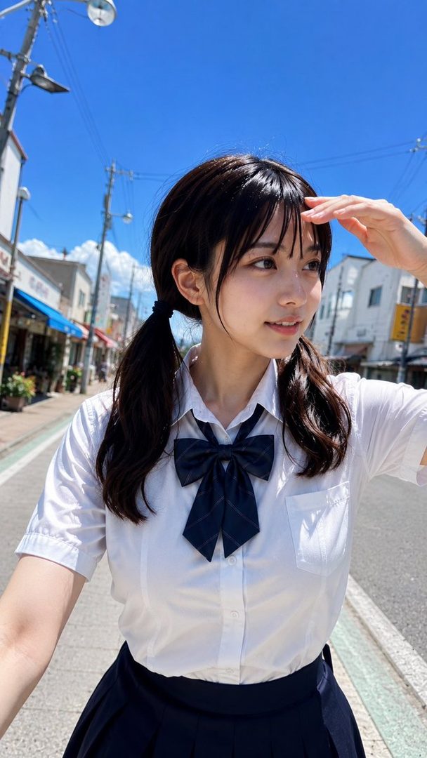 A young woman in a school uniform with pigtails looks out at the sunny street.