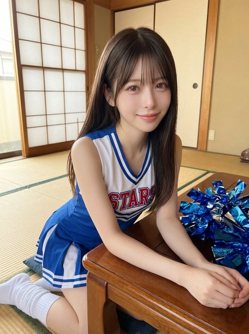 A cute woman in a blue and white cheerleader uniform kneels on a tatami mat in a Japanese-style room, holding blue pom-poms.