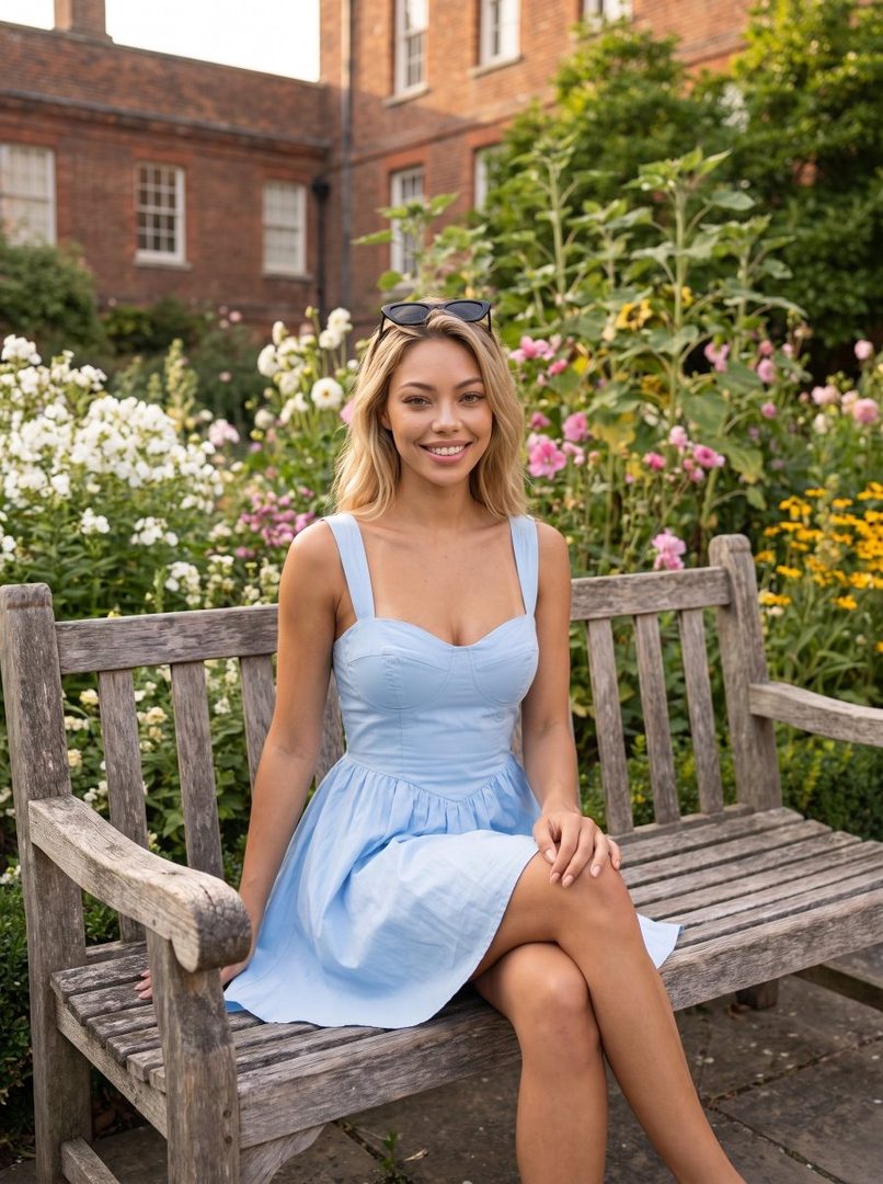 A young woman with blonde hair smiles while sitting on a wooden bench in a garden.