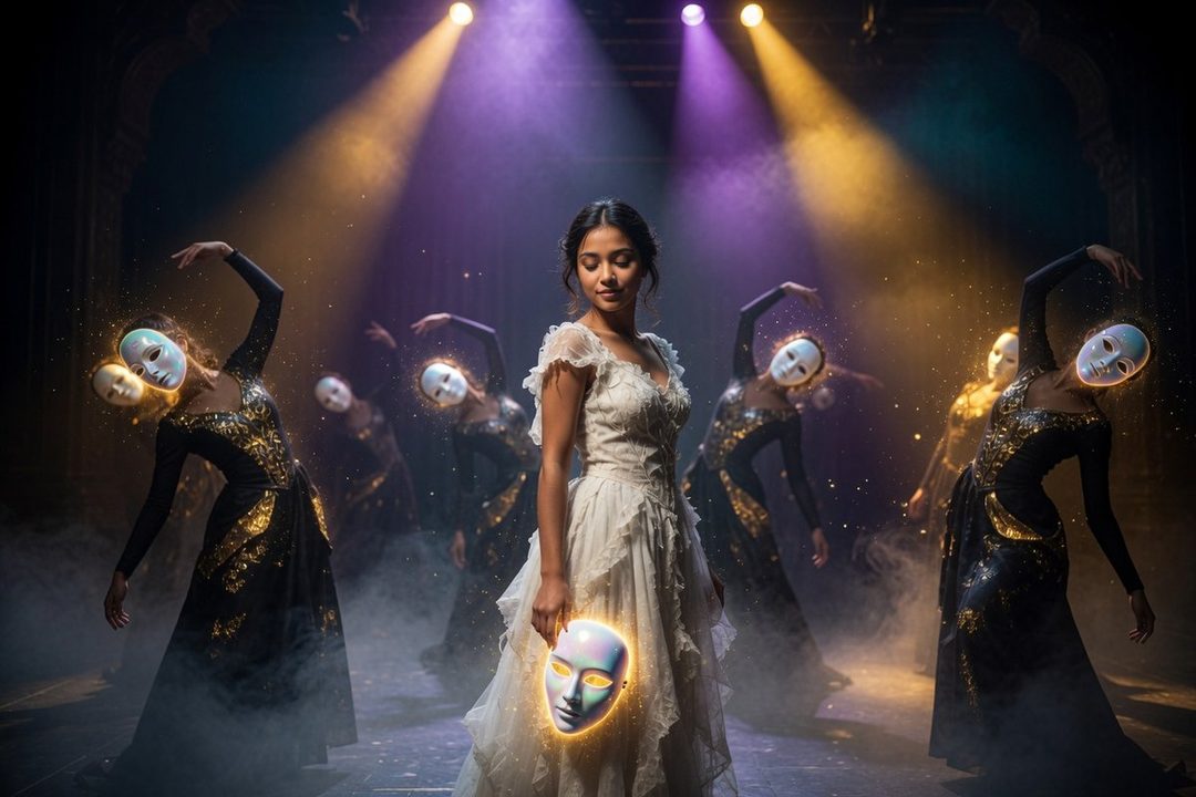 A woman in a white dress holds a glowing mask, standing before a group of dancers in black dresses and white masks on a dimly lit stage.