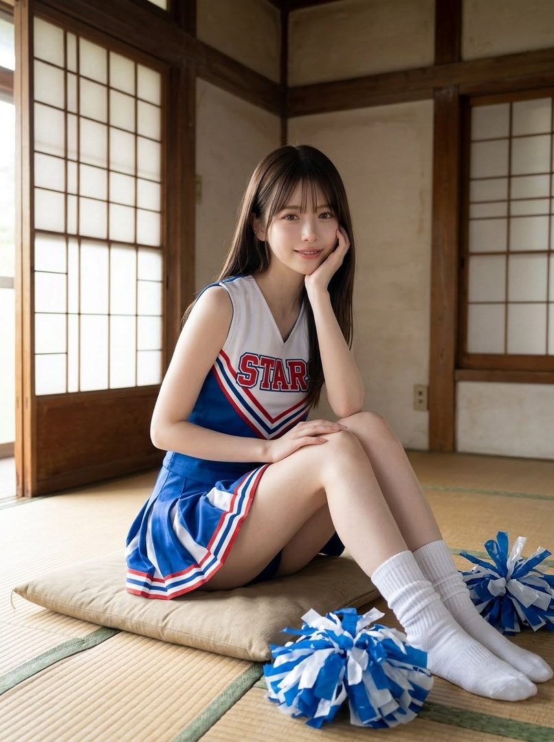 A young woman in a blue and white cheerleader uniform sits on a cushion in a traditional Japanese room, holding pom-poms.