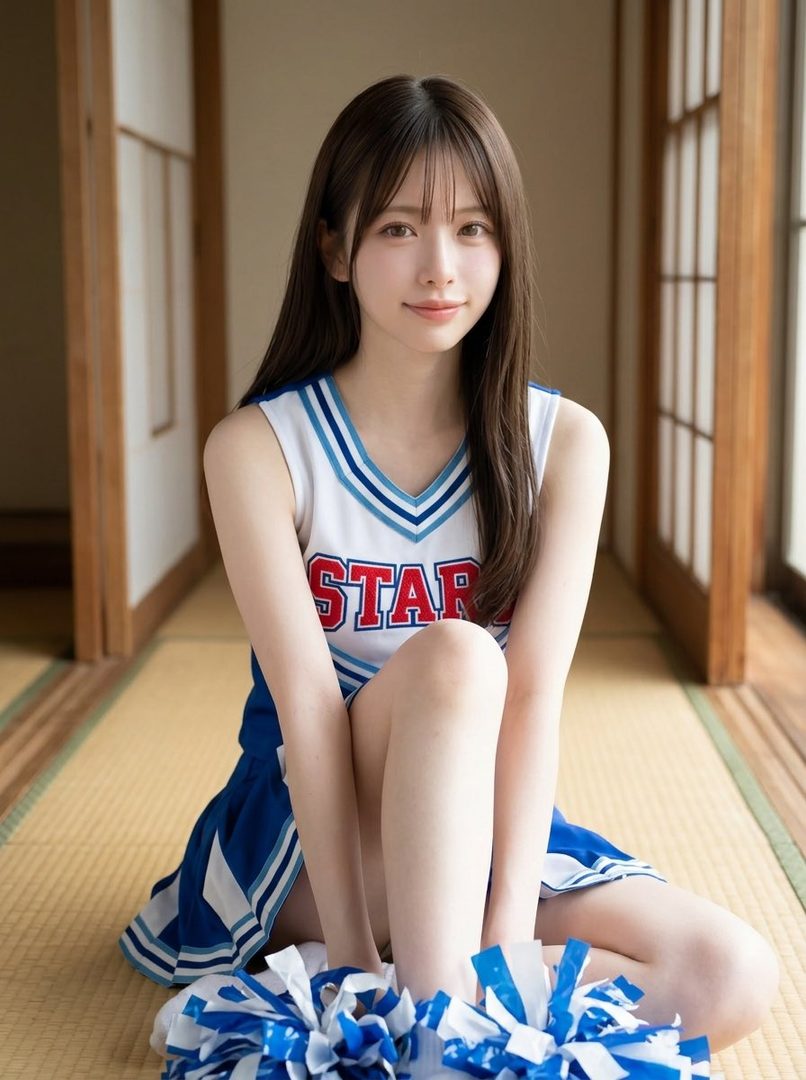 A young woman with long dark hair, wearing a blue and white cheerleader uniform, sits on a tatami mat with pom-poms.
