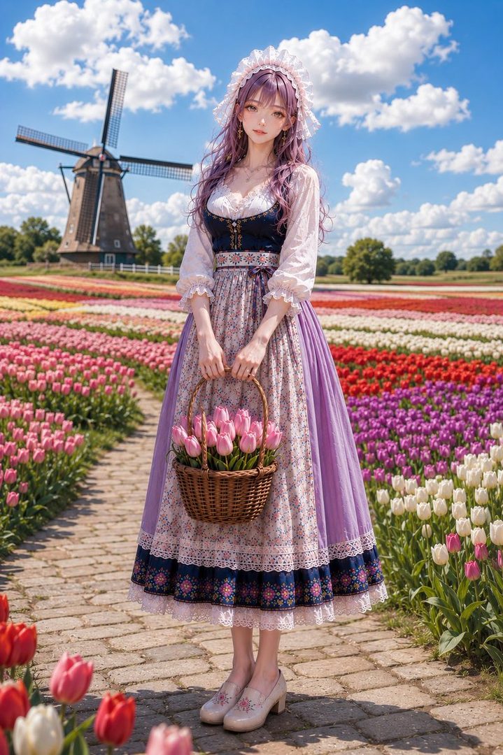 A young woman with purple hair, wearing a traditional Dutch-inspired dress and a lace bonnet, holds a basket of pink tulips in a field of colorful tulips with a windmill in the background.