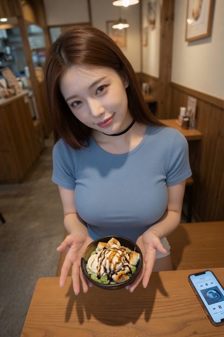 A young East Asian woman with long brown hair, wearing a blue t-shirt and a black choker, holds a bowl of ice cream and smiles at the camera in a cafe setting.