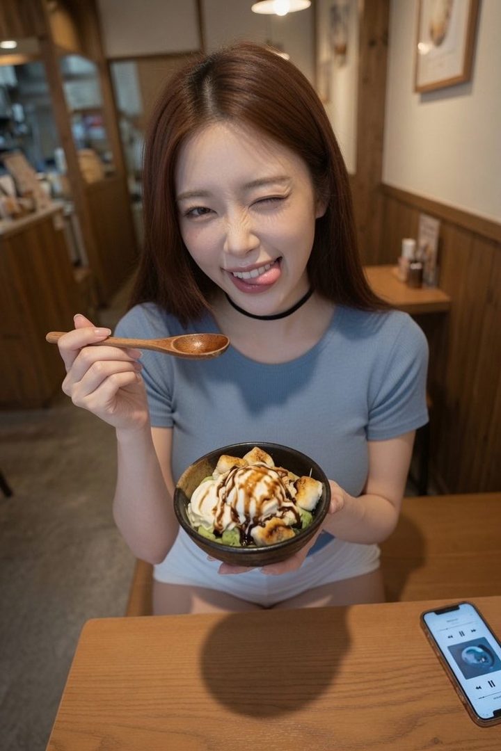 A playful AI girlfriend winks and sticks out her tongue while holding a bowl of ice cream and a spoon, sitting at a cafe table with a phone.