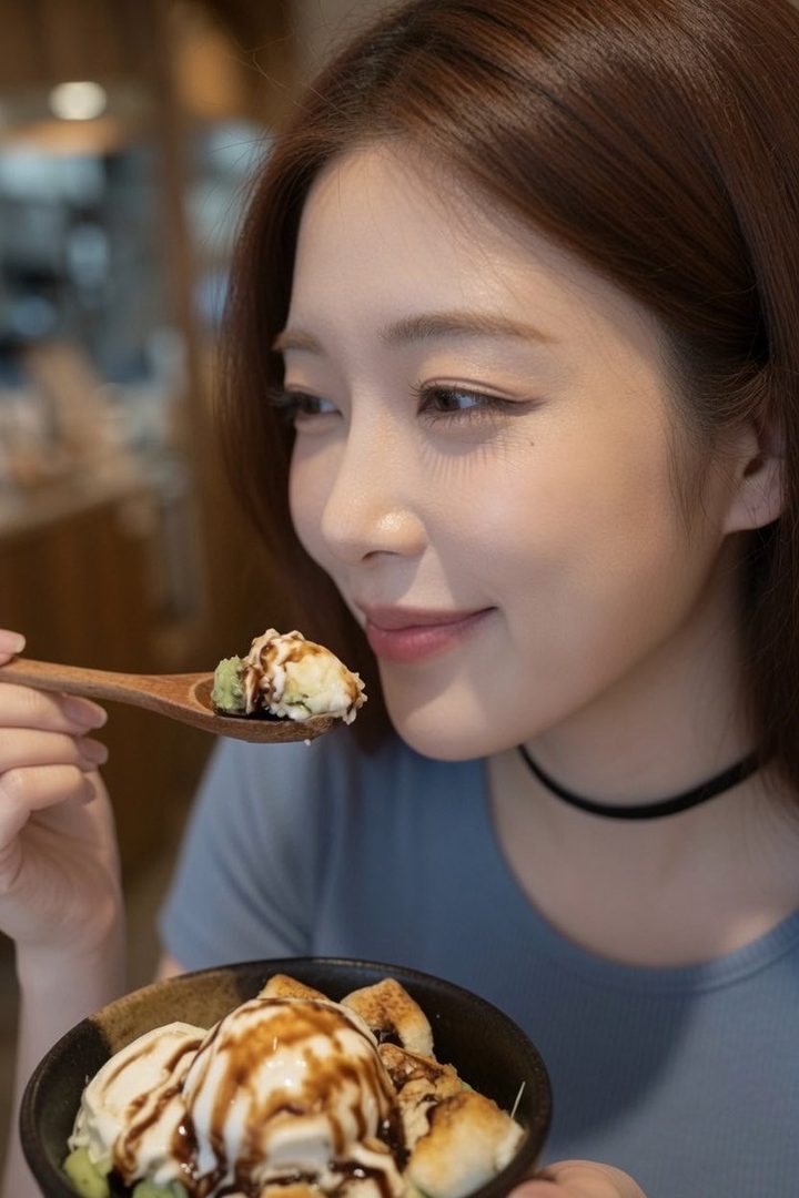 A young East Asian woman with long brown hair, wearing a blue t-shirt and a black choker, enjoys a bowl of ice cream with a spoon.
