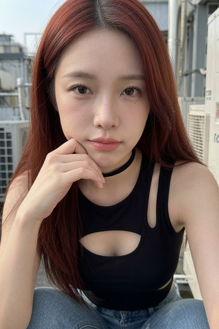 A young East Asian woman with long, reddish-brown hair and a black cutout top poses for a selfie, resting her chin on her hand.