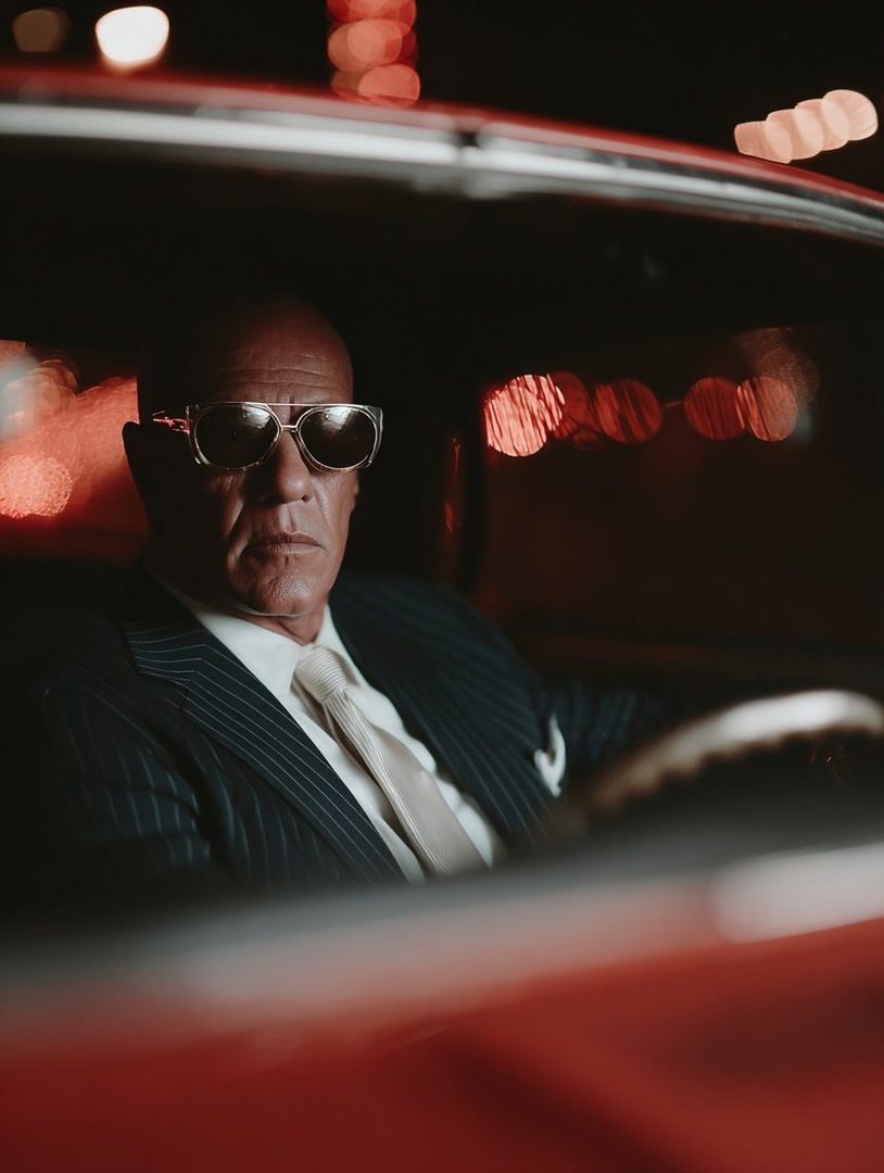 A bald man wearing sunglasses and a pinstripe suit sits in a car at night, with bokeh lights in the background.