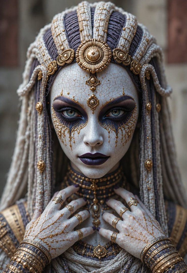 A striking AI-generated portrait of a woman with intricate golden headdress and makeup, featuring pale skin with a cracked texture, dark lipstick, and piercing blue eyes.