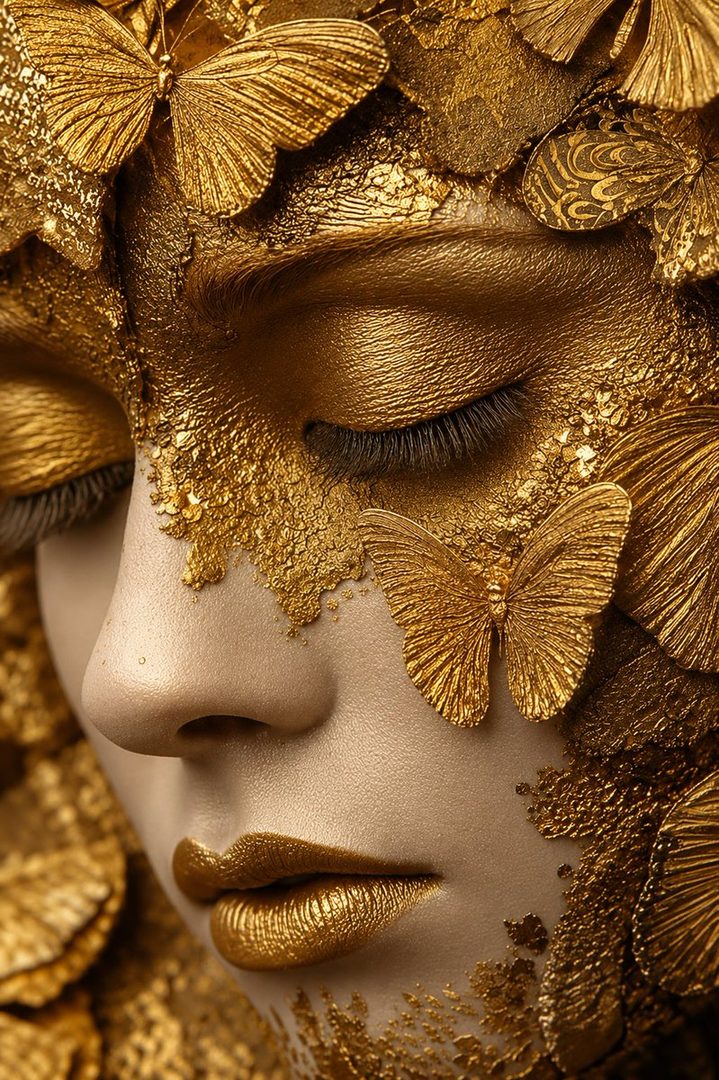 Close-up portrait of a person adorned with golden butterflies and textured gold paint, with eyes closed.