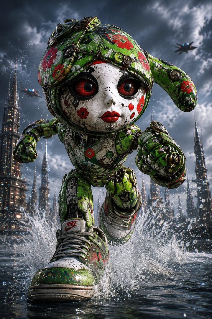 A photorealistic AI-generated portrait of a doll-like robot with red eyes and a green floral outfit, running through water in a futuristic city.