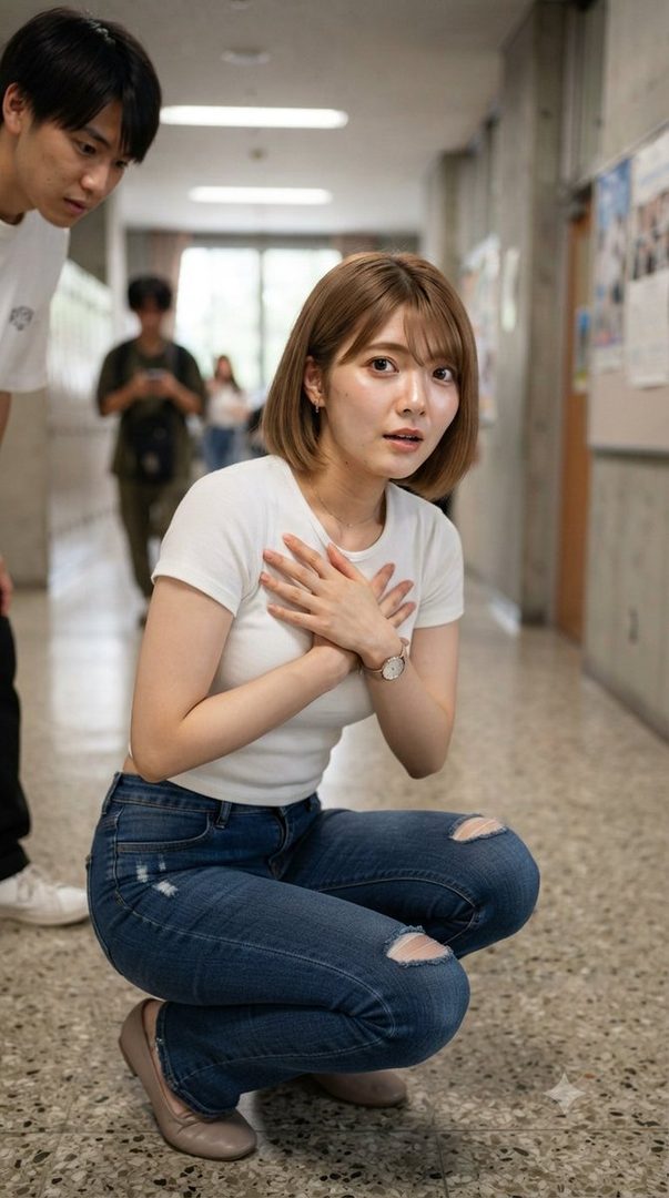 A young woman in a white t-shirt and ripped jeans crouches down in a school hallway, looking surprised with her hands on her chest. A young man stands behind her, looking concerned.