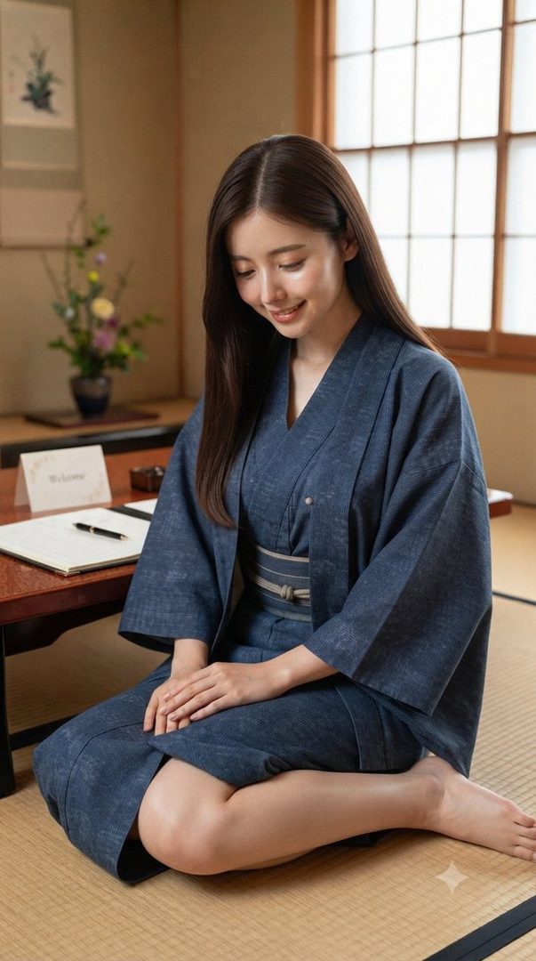 A young woman in a blue yukata sits on a tatami mat, smiling gently.