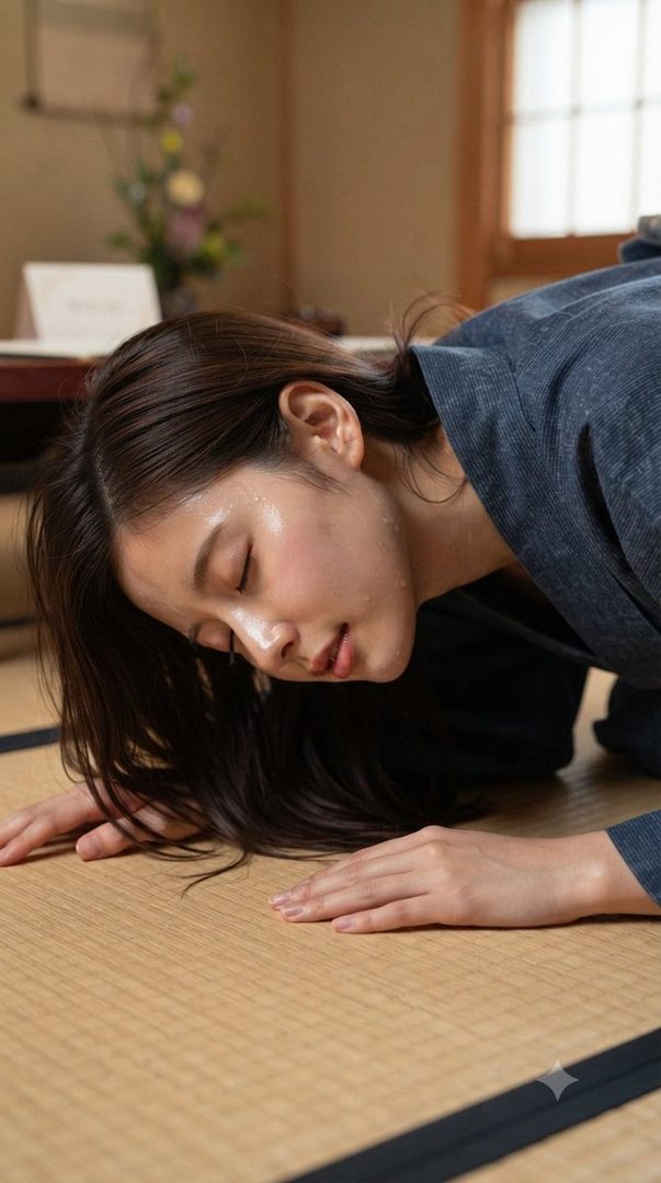 A young woman with long brown hair bows her head on a tatami mat, with sweat glistening on her face.