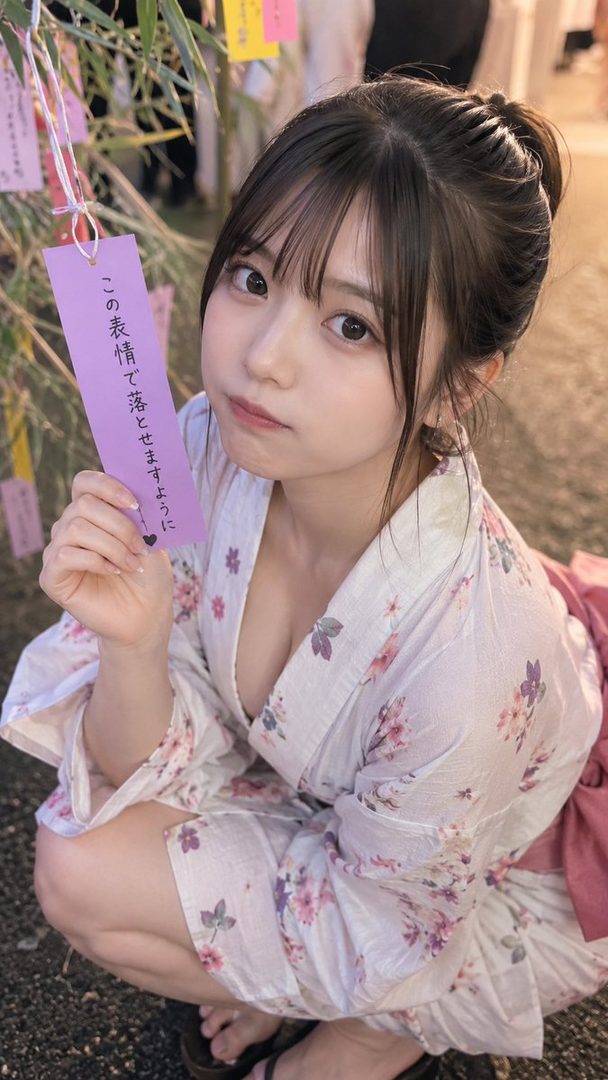 A young Japanese woman in a floral yukata poses outdoors, holding a purple tanzaku with Japanese writing.