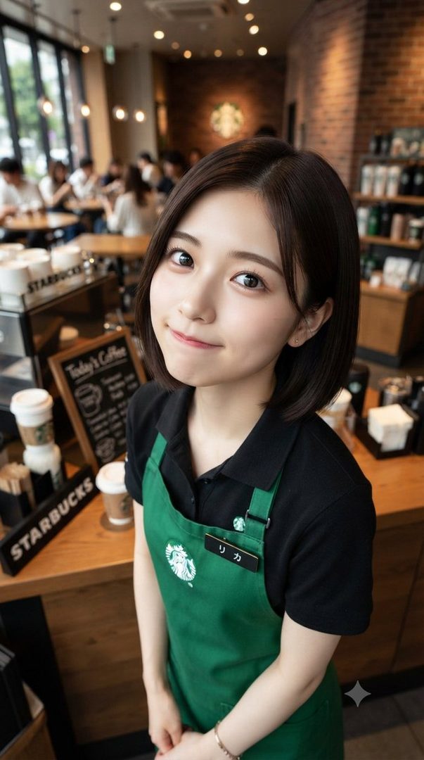 A cute young woman with short black hair, wearing a Starbucks uniform and apron, smiles at the camera in a cafe setting.