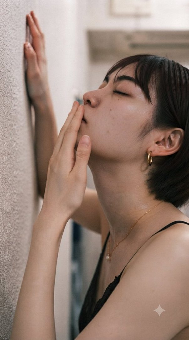 A woman with short black hair, wearing a black camisole and a necklace, leans against a textured wall with her eyes closed and hand over her mouth.