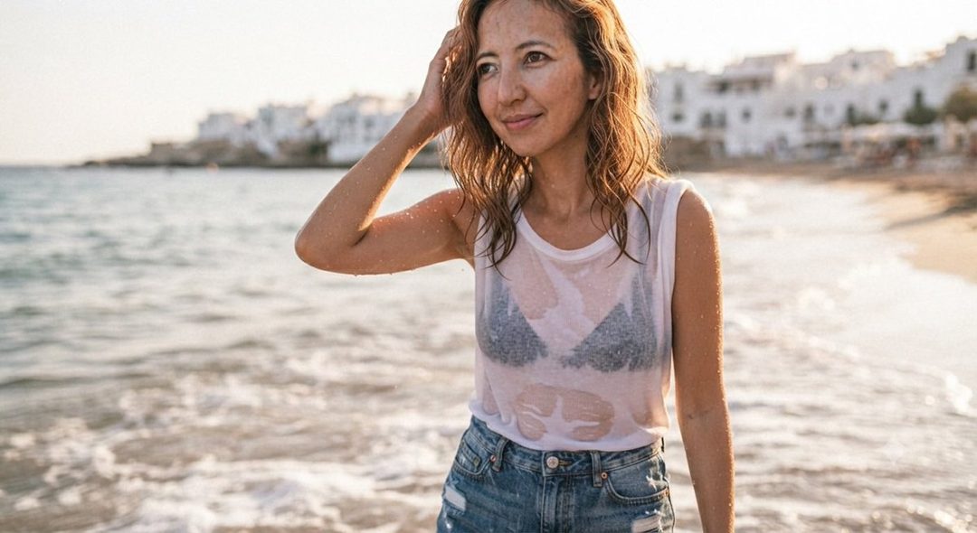 A woman in a wet white tank top and denim shorts stands on a beach, with white buildings in the background.