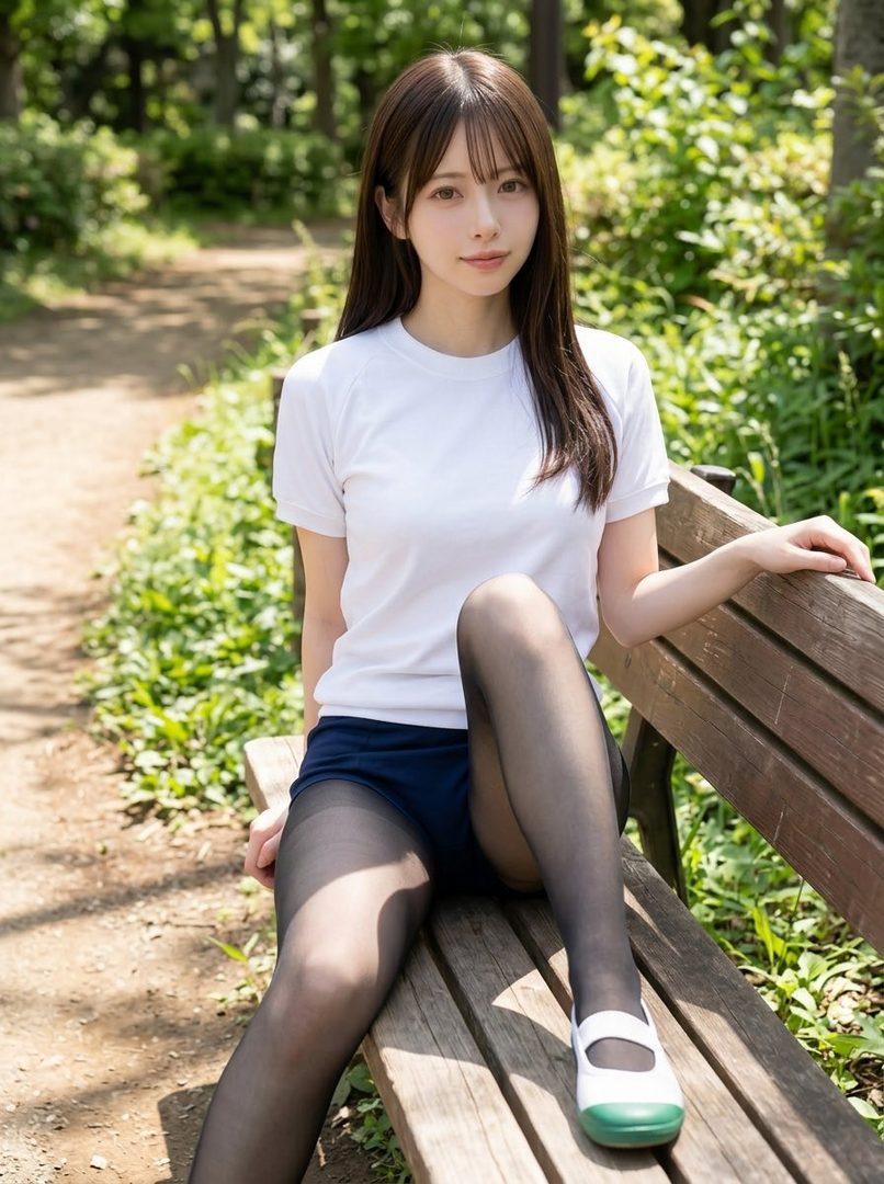 A young woman with long brown hair sits on a park bench, wearing a white t-shirt, navy shorts, and black pantyhose.