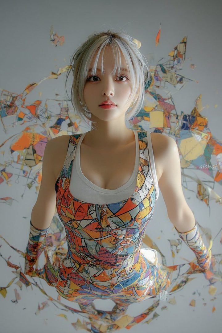 A young woman with short, silver hair and bangs, wearing a colorful patterned sports bra and white tank top, poses in a studio with abstract, shattered background elements.