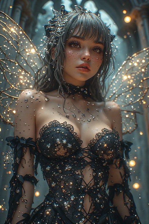A beautiful AI-generated portrait of a fairy with sparkling wings and a black lace outfit, adorned with glitter and a crown.