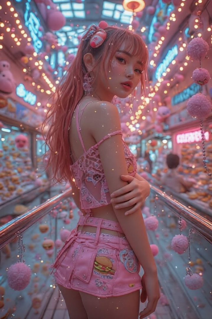 A young East Asian woman with long pink hair and bangs, wearing a pink lace top and a pink denim skirt with burger patches, poses in a brightly lit indoor setting decorated with pink pom-poms and fairy lights.