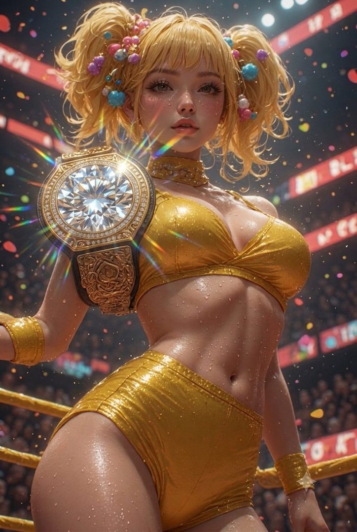 A blonde woman with pigtails, wearing a golden bikini and a championship belt, posing in a wrestling ring.