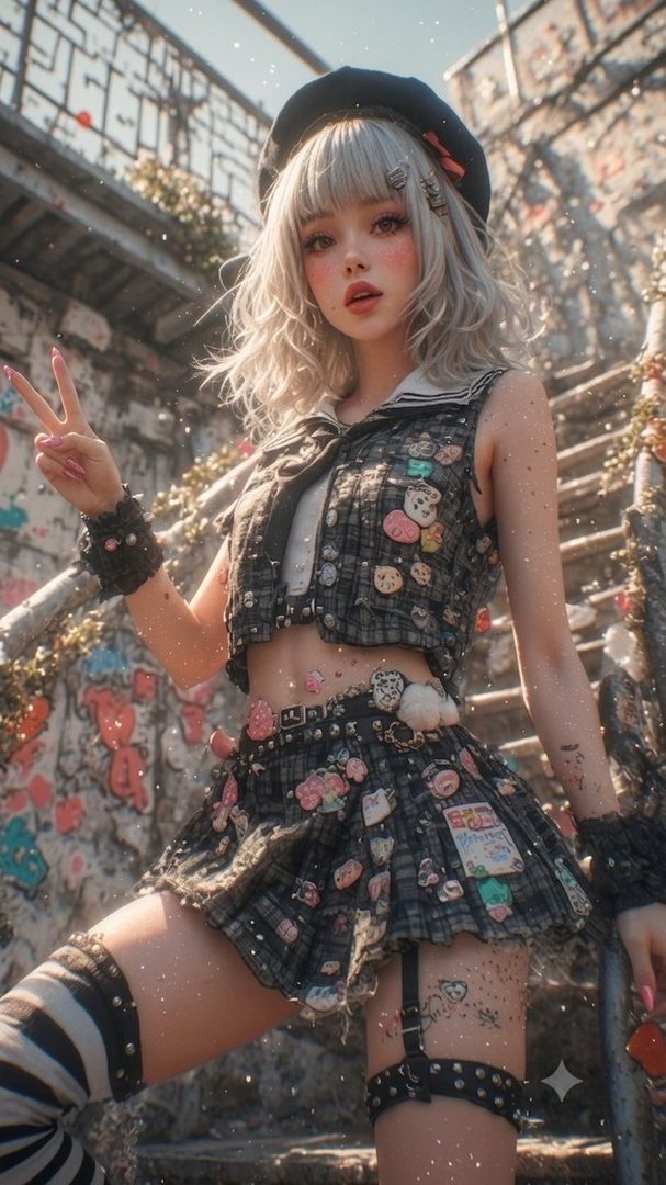 A young woman with blonde hair and bangs, wearing a plaid crop top and skirt with cute pins, a beret, and striped thigh-high socks, posing outdoors.