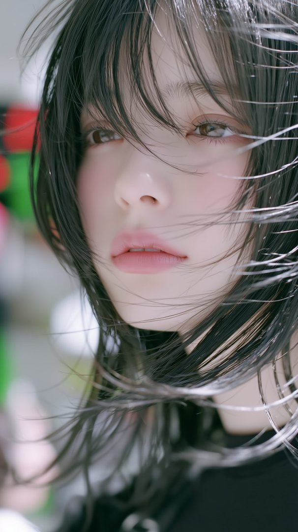 Close-up portrait of a young East Asian woman with long, dark, windswept hair and soft makeup, looking slightly to the side.