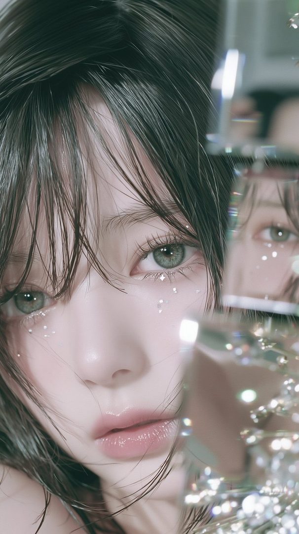 Close-up portrait of a young woman with striking green eyes and dark hair, adorned with subtle glitter on her face, reflected in a faceted surface.