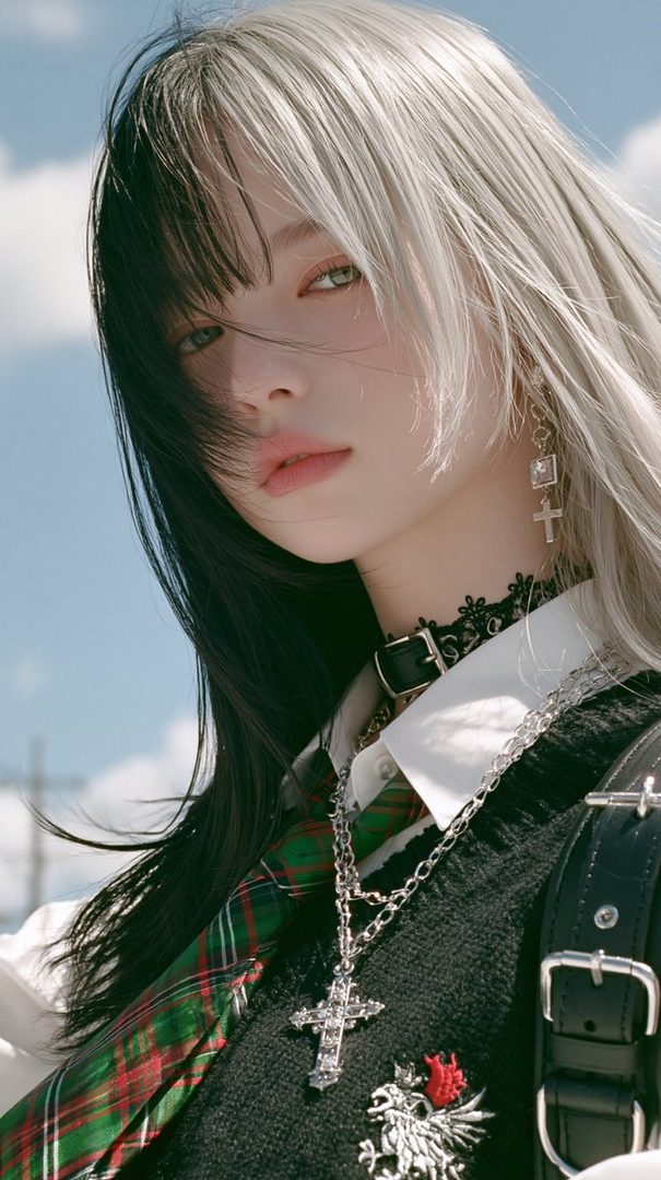 A young woman with split black and white hair, wearing a white shirt, plaid tie, and dark vest, posing outdoors.