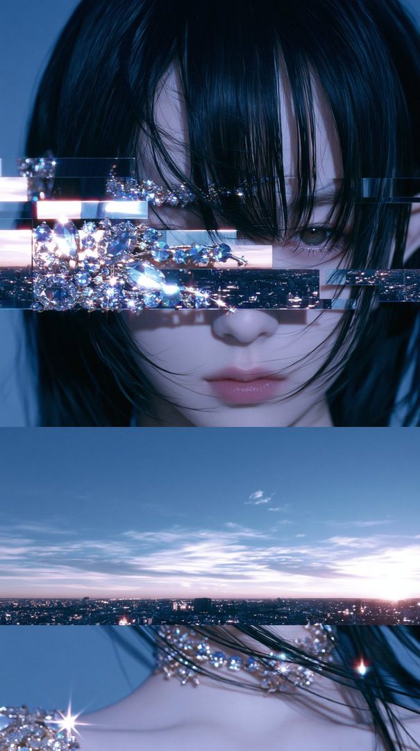 A close-up portrait of a woman with black hair and striking blue jewelry, with a glitch effect overlaying her face and a cityscape visible in the background.