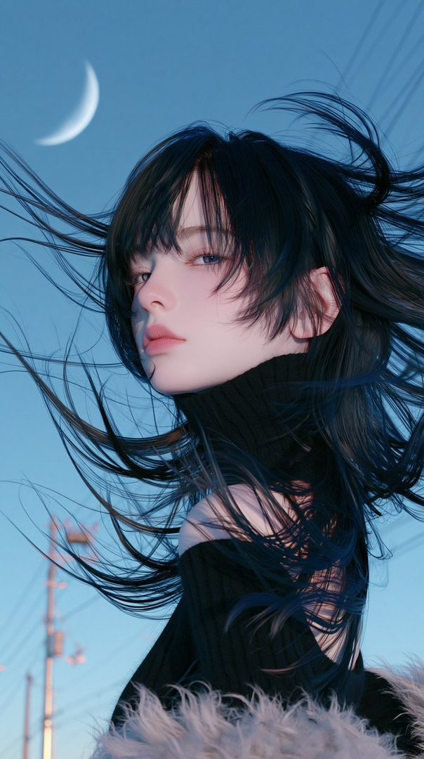 A portrait of a young woman with long black hair blowing in the wind, under a crescent moon.