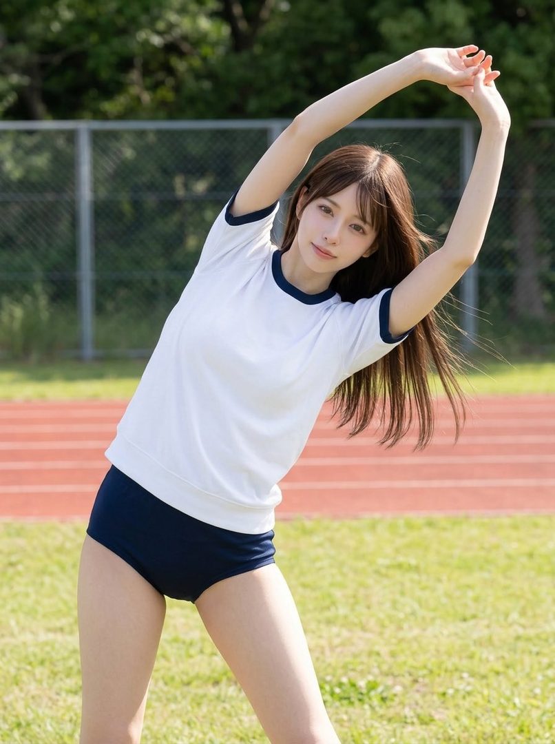 A young woman in a Japanese gym uniform stretches on an outdoor track.