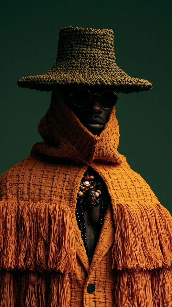 A person wearing a woven hat, sunglasses, and an orange fringed coat with a beaded necklace.