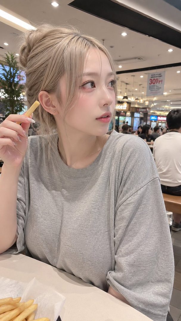 A young woman with blonde hair tied up in a bun, wearing a grey t-shirt, sits at a table in a food court, holding a french fry.