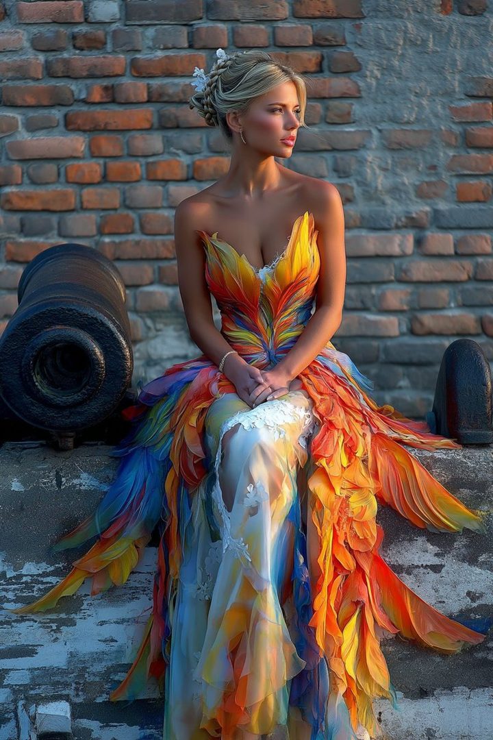 A blonde woman in a vibrant, colorful, feather-like dress sits outdoors next to a cannon, looking to the side.