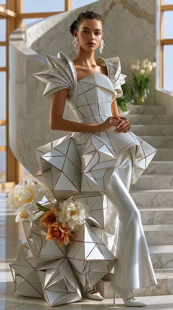 A woman in a futuristic white geometric dress and white pants stands on a marble staircase, posing with a bouquet of flowers.