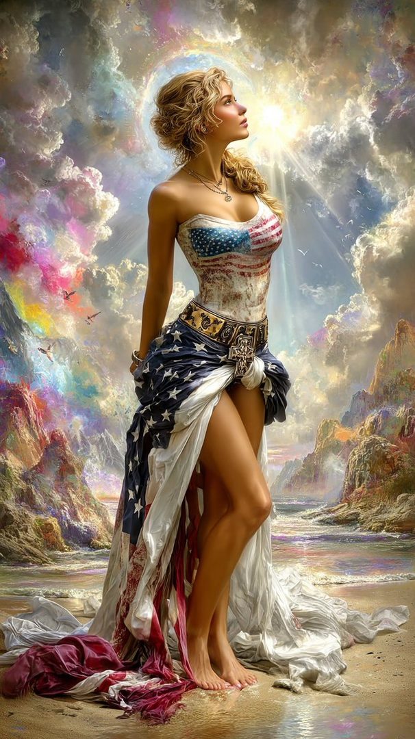 A photorealistic AI-generated portrait of a woman in a patriotic American flag-themed outfit, standing on a beach with dramatic clouds and sunlight.