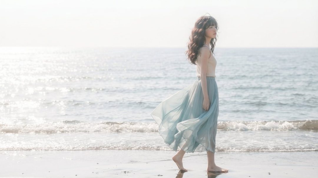 A woman with long, wavy brown hair walks barefoot on a beach, wearing a light-colored top and a flowing blue skirt, with the ocean and bright sky in the background.