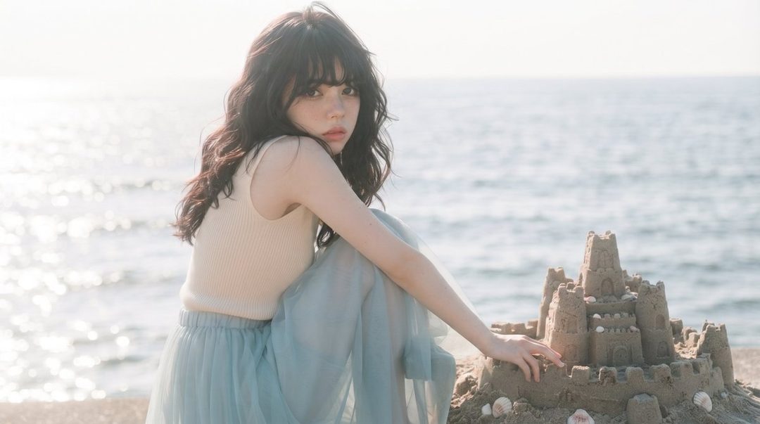 A young woman with long, dark, wavy hair and bangs sits on a beach next to a sandcastle, looking towards the camera with a soft expression. The ocean is in the background.