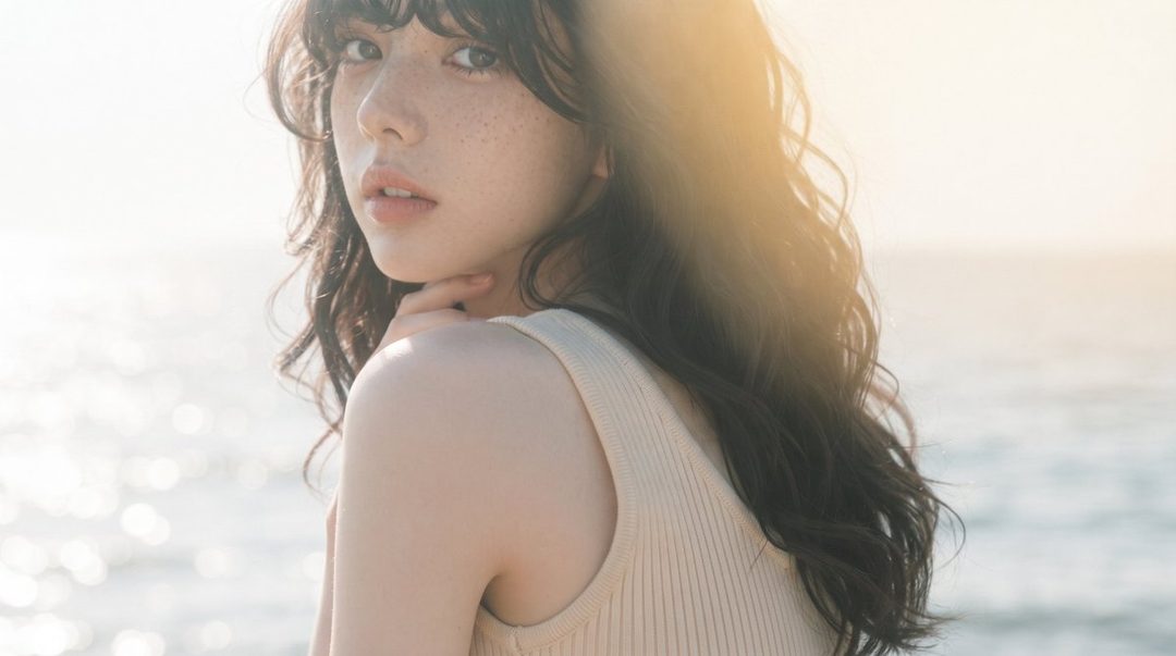 A young woman with dark wavy hair and freckles looks over her shoulder at the camera, with a bright, sunlit ocean in the background.
