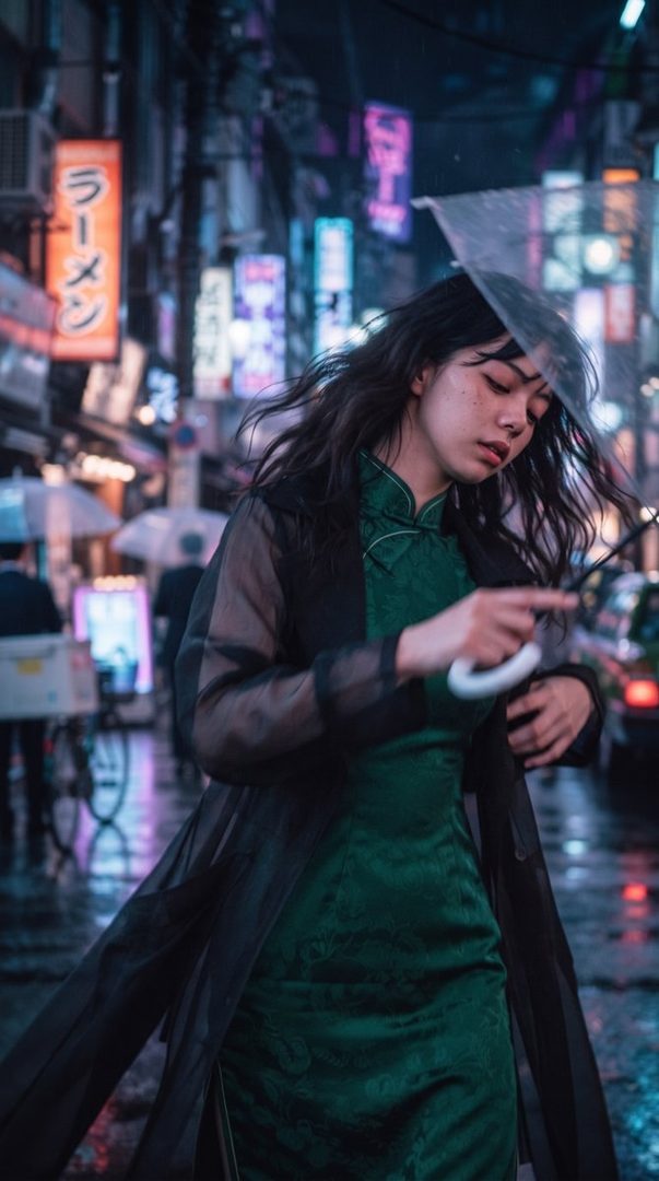 A young woman with dark hair holds a clear umbrella while walking in a neon-lit city street at night, wearing a green traditional dress and a sheer black coat.