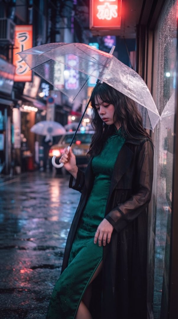 A woman with long dark hair stands in a rainy, neon-lit city street at night, holding a clear umbrella and wearing a green dress and a dark coat.