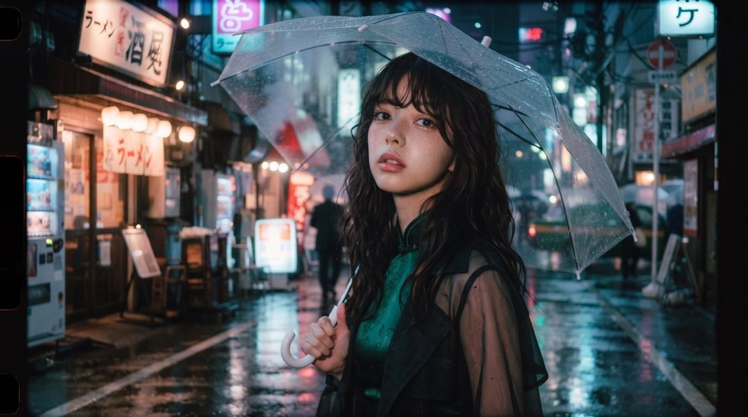 A young woman with long dark hair stands in a rainy Tokyo street at night, holding a clear umbrella and looking at the camera.
