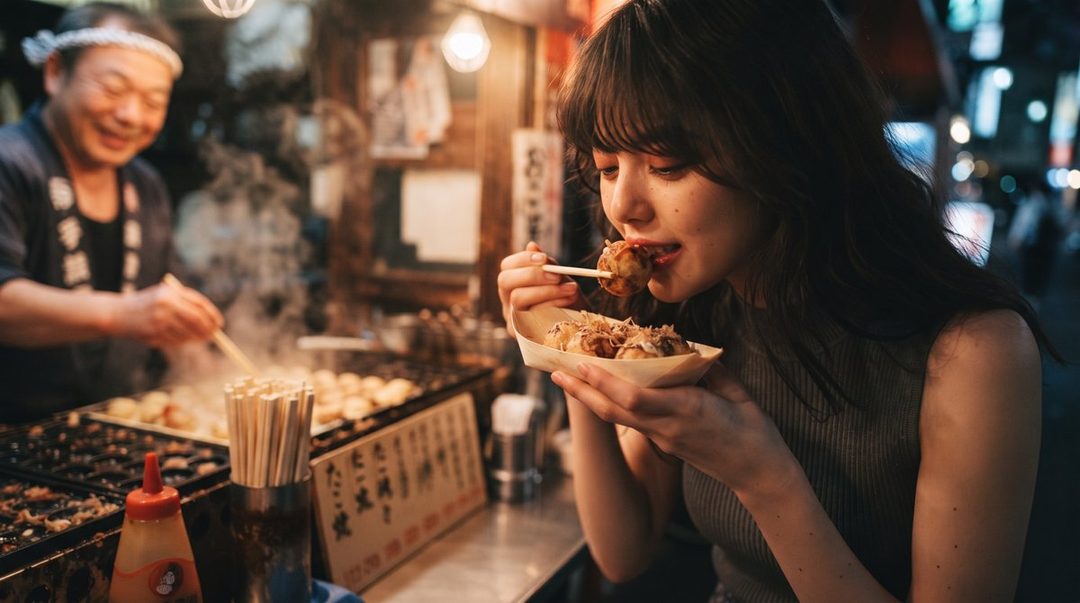 A young woman enjoys takoyaki at a bustling night food stall, with a vendor preparing more in the background.