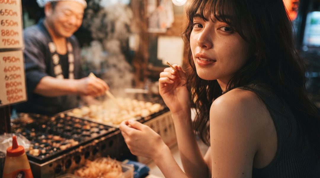 A young woman with dark hair looks towards the camera while holding a skewer, with a street food vendor preparing takoyaki in the background at night.