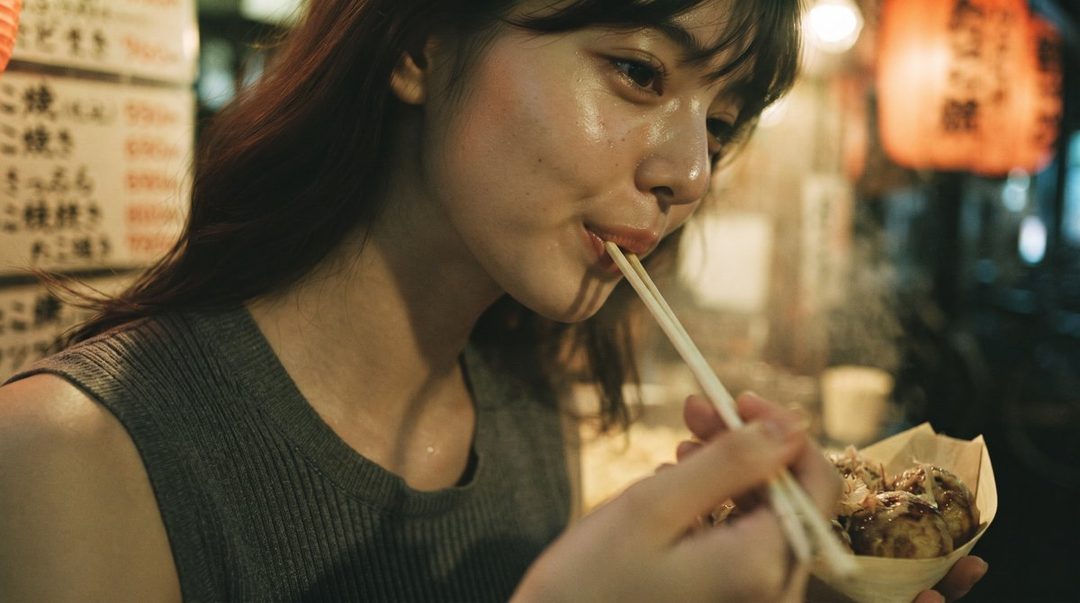 A young East Asian woman eating takoyaki at a night food stall.